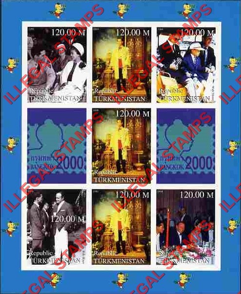 Turkmenistan 2000 Bankok Stamp Exhibition Illegal Stamp Souvenir Sheet of 7 Plus 2 Labels