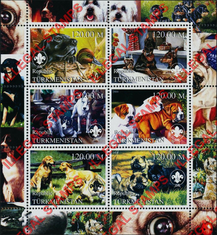Turkmenistan 2000 Dogs Paintings with Scouts Logo Illegal Stamp Souvenir Sheet of 6