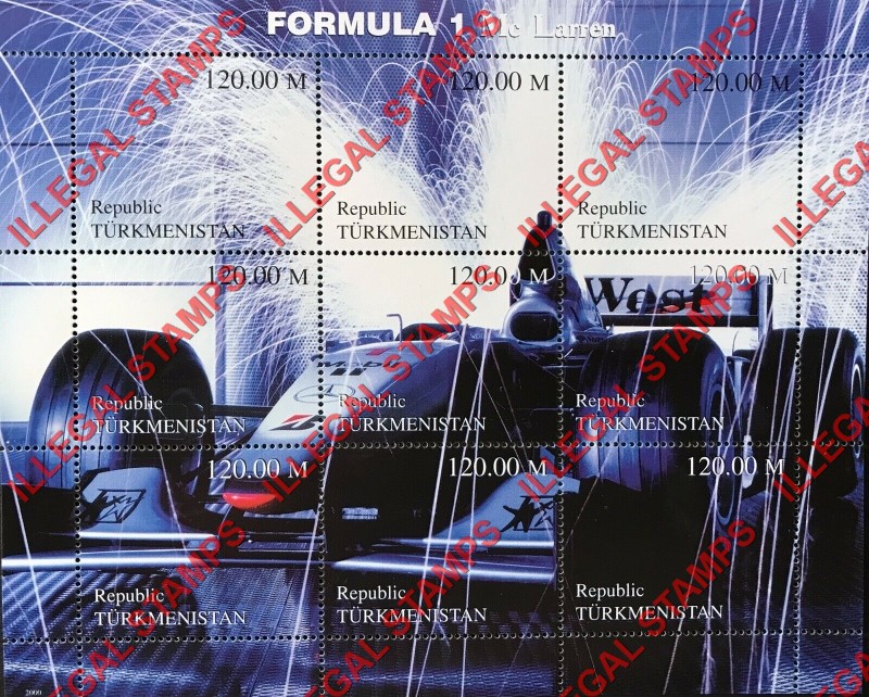 Turkmenistan 2000 Formula I Mc Larren Illegal Stamp Souvenir Sheet of 9