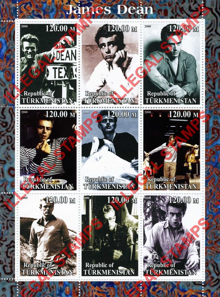 Turkmenistan 2000 James Dean Illegal Stamp Souvenir Sheet of 9