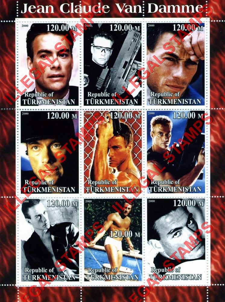 Turkmenistan 2000 Jean Claude Van Damme Illegal Stamp Souvenir Sheet of 9