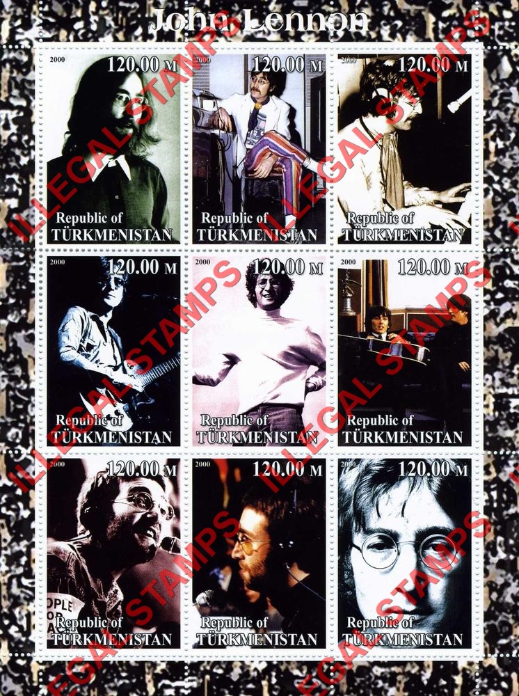 Turkmenistan 2000 John Lennon Illegal Stamp Souvenir Sheet of 9