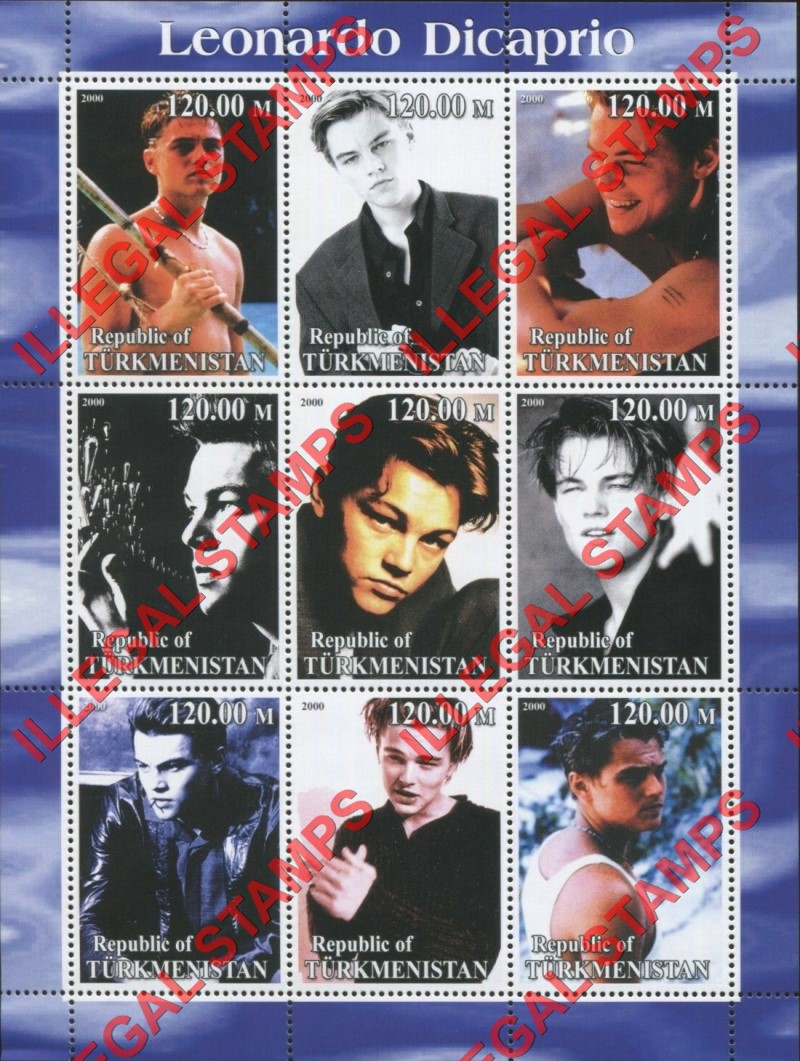 Turkmenistan 2000 Leonardo Dicaprio Illegal Stamp Souvenir Sheet of 9