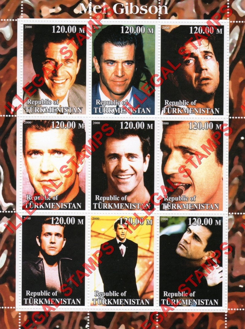 Turkmenistan 2000 Mel Gibson Illegal Stamp Souvenir Sheet of 9