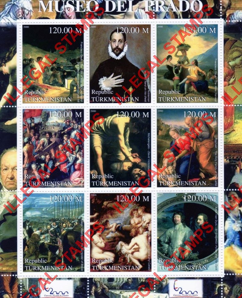 Turkmenistan 2000 Paintings in Del Prado Museum Illegal Stamp Souvenir Sheet of 9
