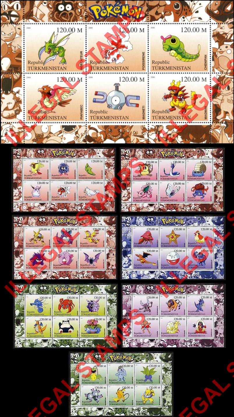 Turkmenistan 2000 Pokemon Illegal Stamp Souvenir Sheets of 6