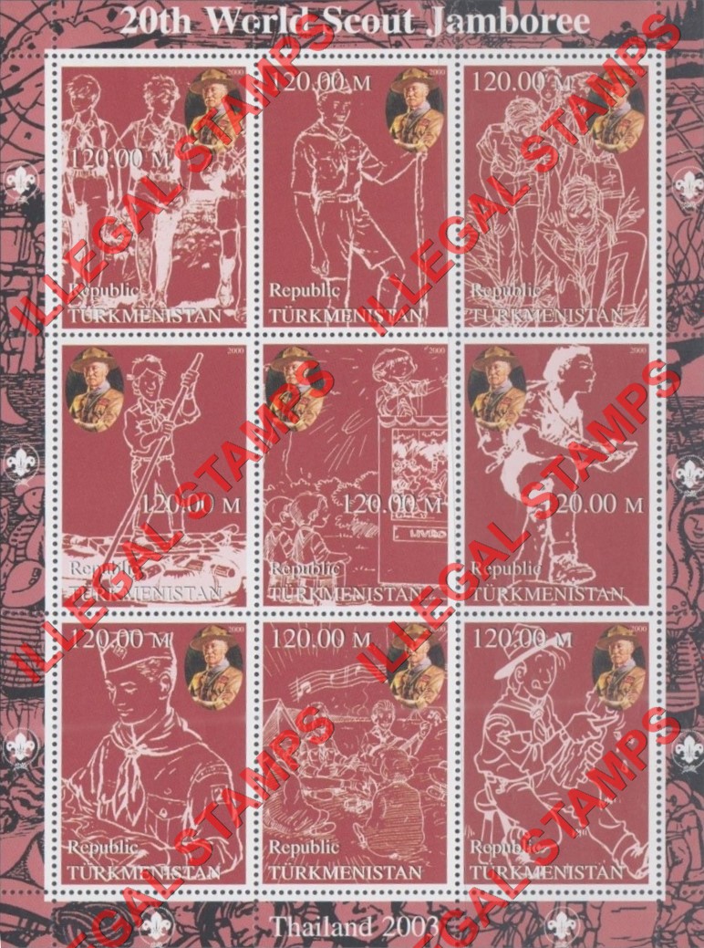 Turkmenistan 2000 Scouts 20th World Scout Jamboree in Thailand (2003) Illegal Stamp Souvenir Sheet of 9