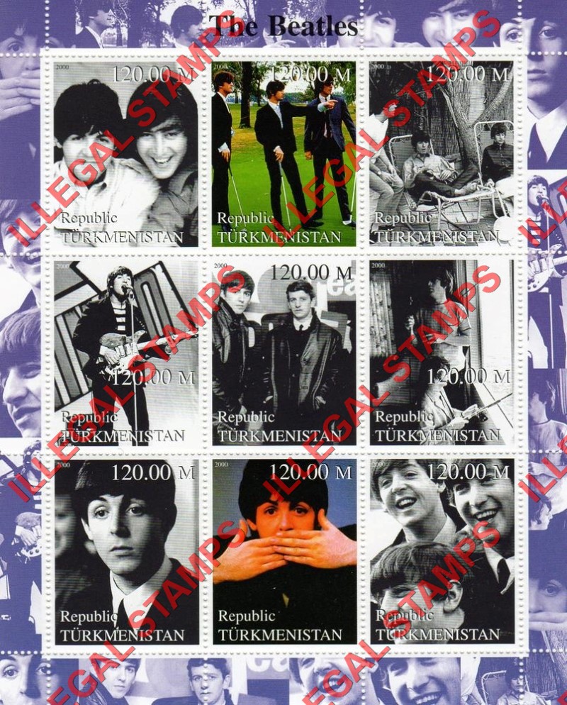 Turkmenistan 2000 The Beatles Illegal Stamp Souvenir Sheet of 9