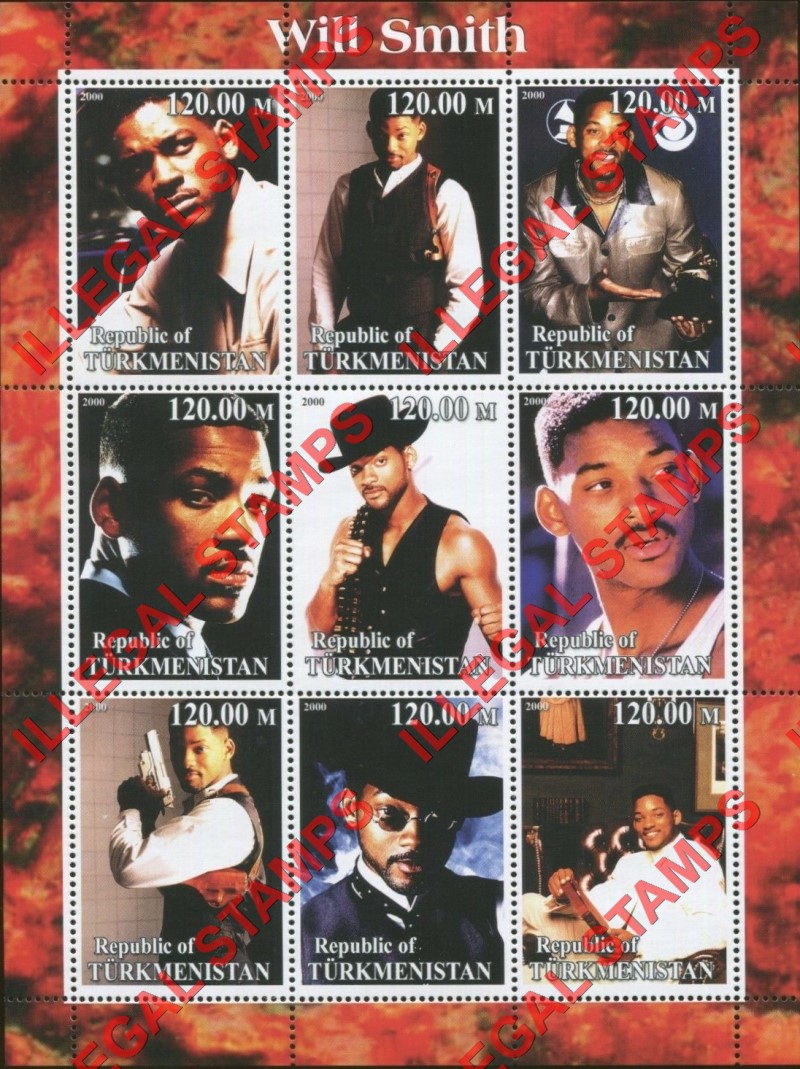 Turkmenistan 2000 Will Smith Illegal Stamp Souvenir Sheet of 9