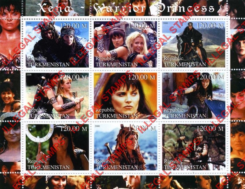 Turkmenistan 2000 Xena Warrior Princess Illegal Stamp Souvenir Sheet of 9