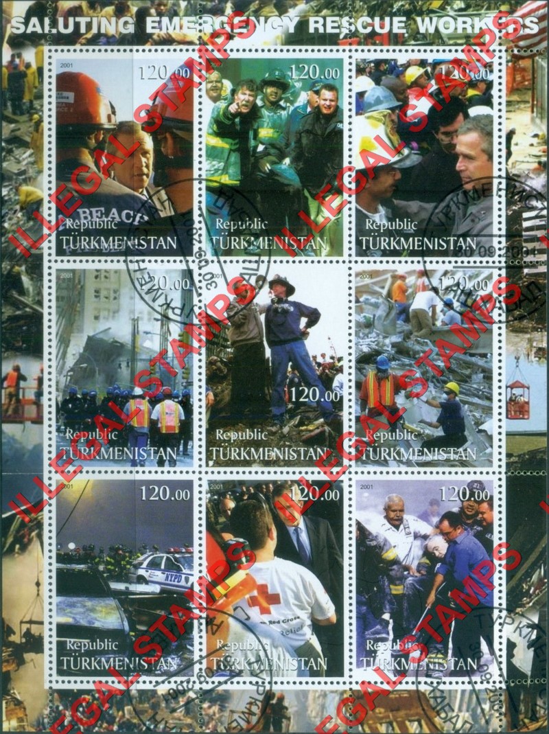 Turkmenistan 2001 9-11 Saluting Emergency Rescue Workers Illegal Stamp Souvenir Sheet of 9 Turkmenistan 2001 9-11 Saluting Emergency Rescue Workers Illegal Stamp Souvenir Sheet of 9