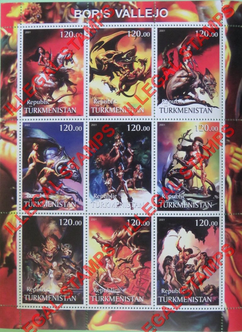 Turkmenistan 2001 Art by Boris Vallejo Illegal Stamp Souvenir Sheet of 9 Turkmenistan 2001 Art by Boris Vallejo Illegal Stamp Souvenir Sheet of 9