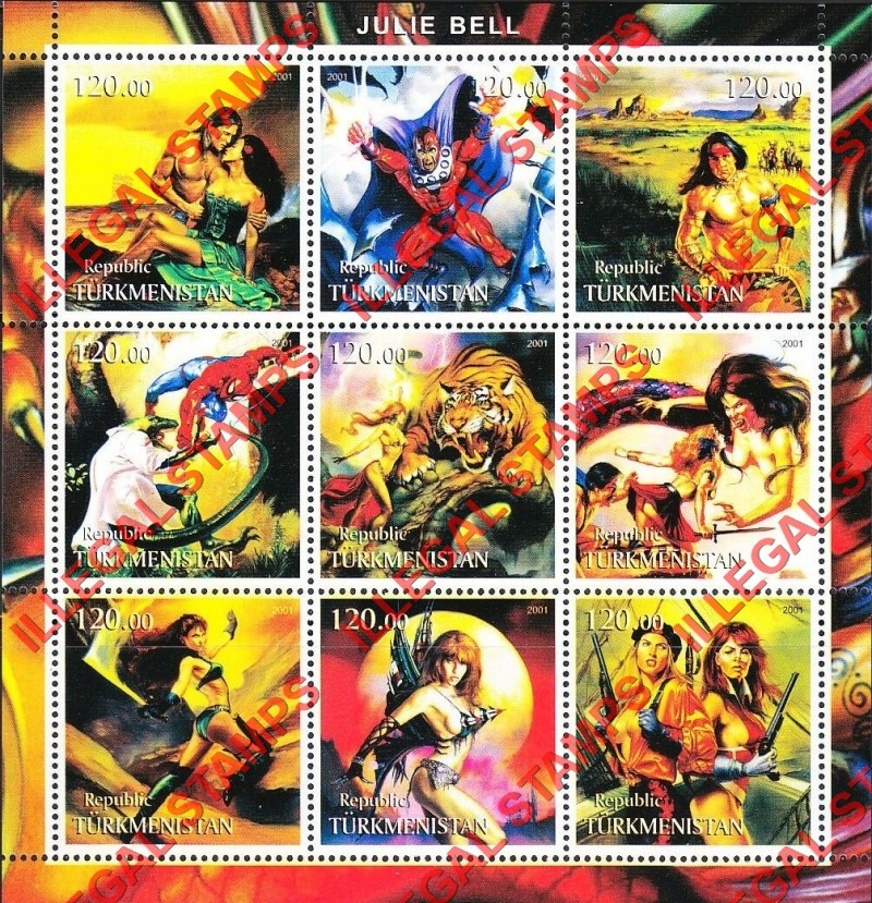 Turkmenistan 2001 Art by Julie Bell Illegal Stamp Souvenir Sheet of 9 Turkmenistan 2001 Art by Julie Bell Illegal Stamp Souvenir Sheet of 9