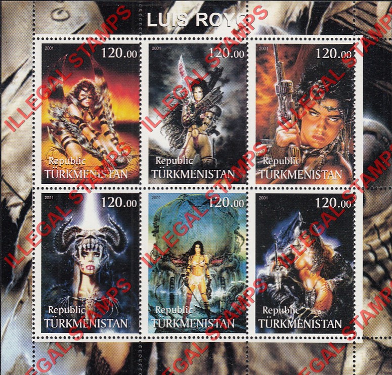 Turkmenistan 2001 Art by Luis Royo Illegal Stamp Souvenir Sheet of 6 Turkmenistan 2001 Art by Luis Royo Illegal Stamp Souvenir Sheet of 6