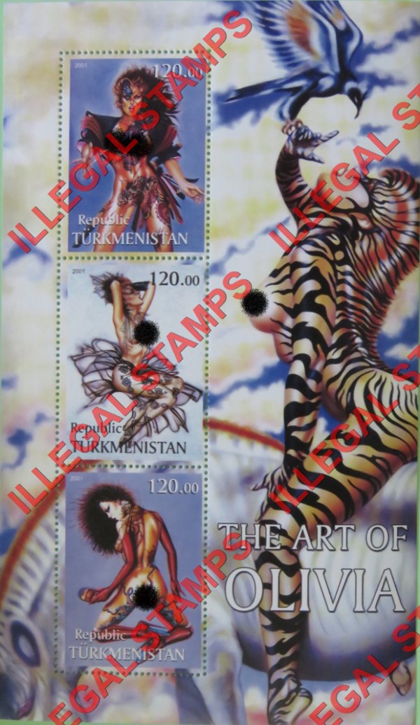 Turkmenistan 2001 Art by Olivia Illegal Stamp Souvenir Sheet of 3 Turkmenistan 2001 Art by Olivia Illegal Stamp Souvenir Sheet of 3