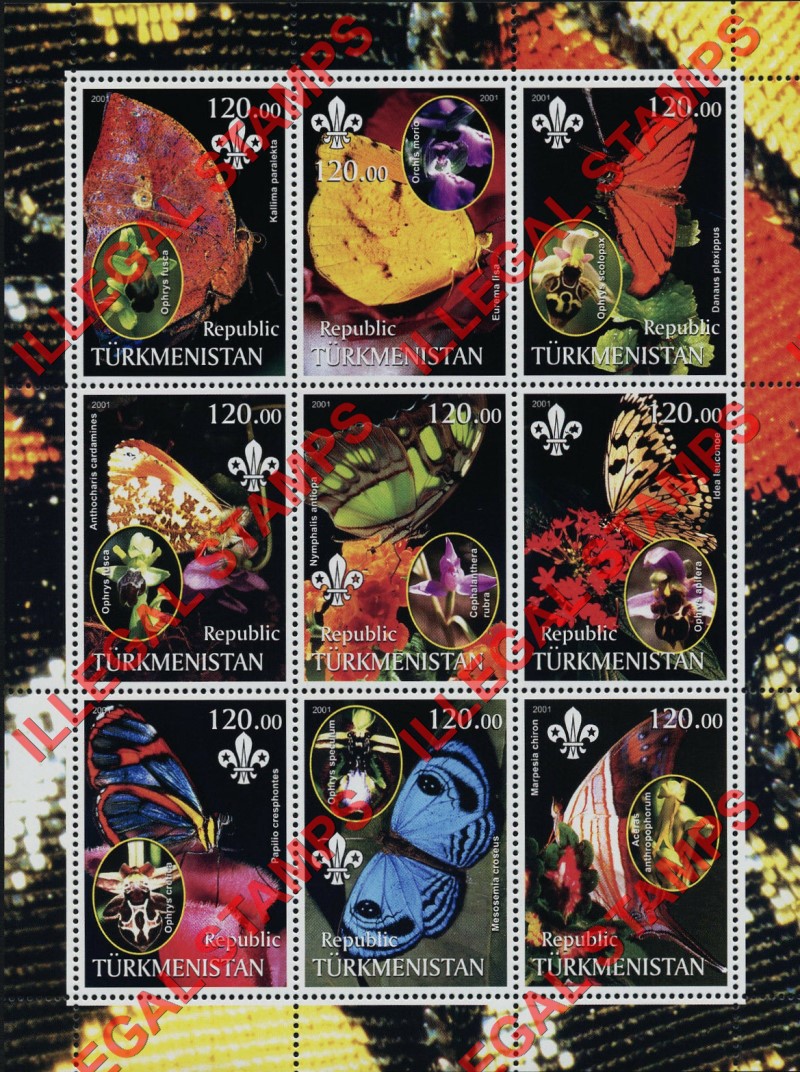 Turkmenistan 2001 Butterflies and Orchids Illegal Stamp Souvenir Sheet of 9 Turkmenistan 2001 Butterflies and Orchids Illegal Stamp Souvenir Sheet of 9