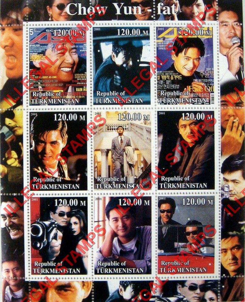Turkmenistan 2001 Chow Yun-fat Illegal Stamp Souvenir Sheet of 9 Turkmenistan 2001 Chow Yun-fat Illegal Stamp Souvenir Sheet of 9