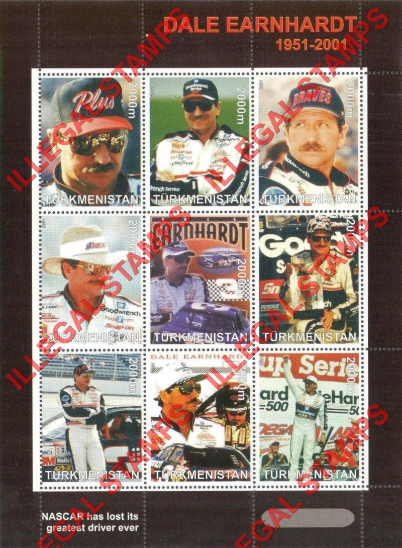 Turkmenistan 2001 Dale Earnhardt NASCAR Driver Illegal Stamp Souvenir Sheet of 9 Turkmenistan 2001 Dale Earnhardt NASCAR Driver Illegal Stamp Souvenir Sheet of 9