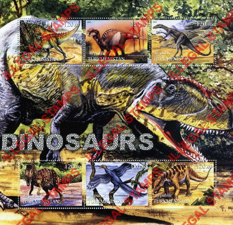 Turkmenistan 2001 Dinosaurs Illegal Stamp Souvenir Sheet of 6 Turkmenistan 2001 Dinosaurs Illegal Stamp Souvenir Sheet of 6