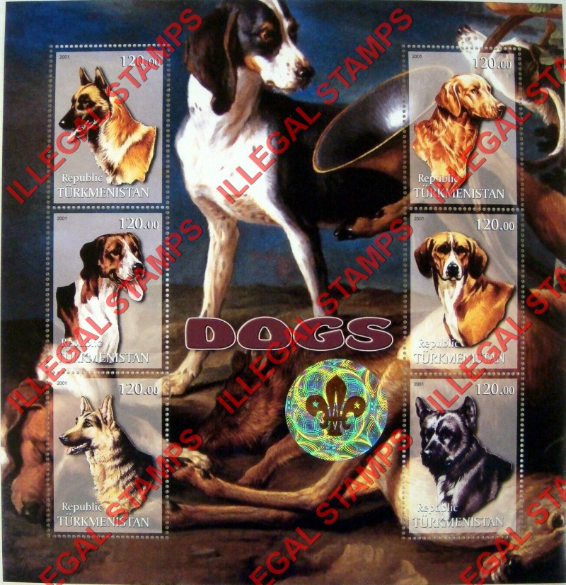 Turkmenistan 2001 Dogs with Hologram Scouts Logo Illegal Stamp Souvenir Sheet of 6 Turkmenistan 2001 Dogs with Hologram Scouts Logo Illegal Stamp Souvenir Sheet of 6
