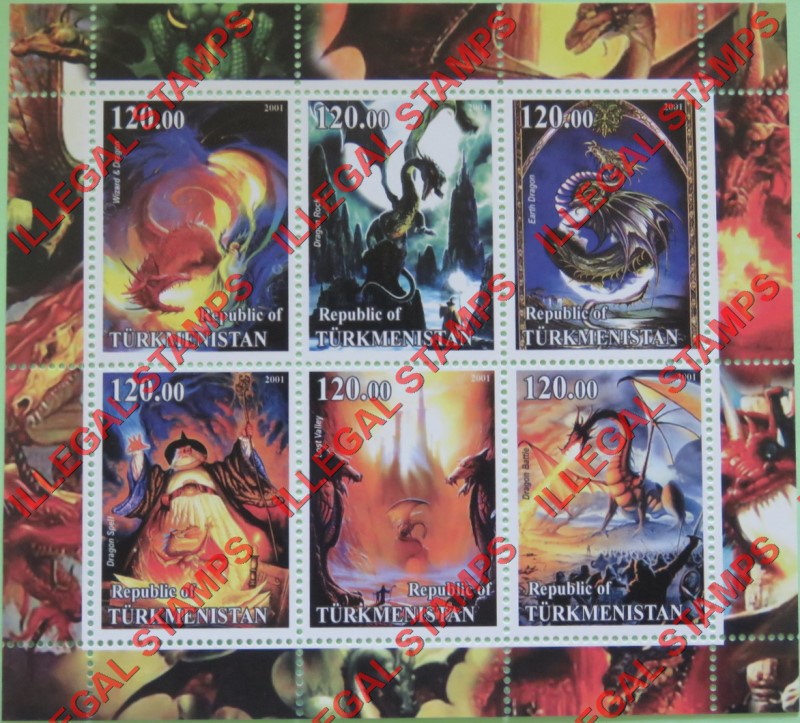 Turkmenistan 2001 Dragon World Illegal Stamp Souvenir Sheet of 6 Turkmenistan 2001 Dragon World Illegal Stamp Souvenir Sheet of 6