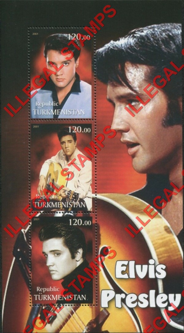 Turkmenistan 2001 Elvis Presley Illegal Stamp Souvenir Sheet of 3 Turkmenistan 2001 Elvis Presley Illegal Stamp Souvenir Sheet of 3