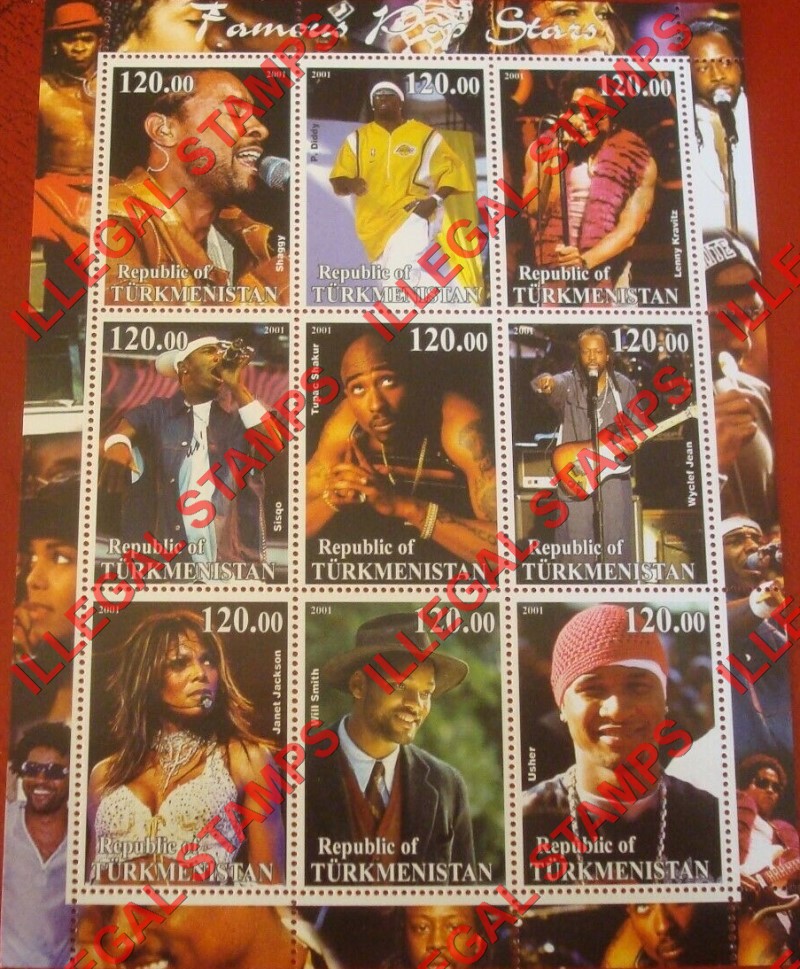 Turkmenistan 2001 Famous Pop Stars Illegal Stamp Souvenir Sheet of 9 Turkmenistan 2001 Famous Pop Stars Illegal Stamp Souvenir Sheet of 9