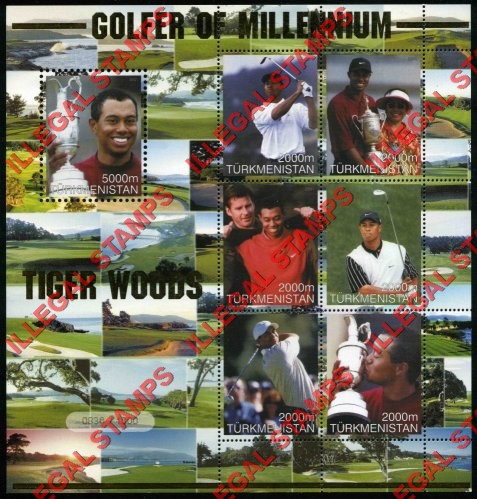 Turkmenistan 2001 Golfer of the Millennium Tiger Woods Illegal Stamp Souvenir Sheet of 9 Turkmenistan 2001 Golfer of the Millennium Tiger Woods Illegal Stamp Souvenir Sheet of 9