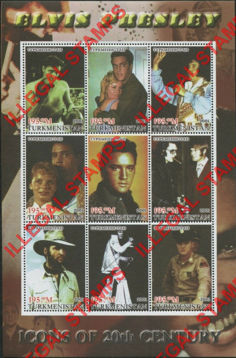Turkmenistan 2001 Icons of the 20th Century Elvis Presley Illegal Stamp Souvenir Sheet of 9 Turkmenistan 2001 Icons of the 20th Century Elvis Presley Illegal Stamp Souvenir Sheet of 9