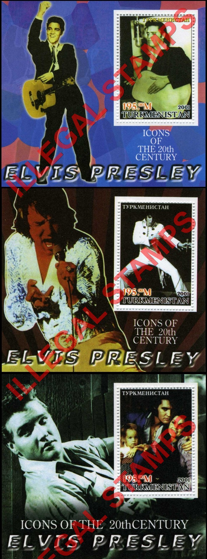 Turkmenistan 2001 Icons of the 20th Century Elvis Presley Illegal Stamp Souvenir Sheets of 1 Turkmenistan 2001 Icons of the 20th Century Elvis Presley Illegal Stamp Souvenir Sheets of 1