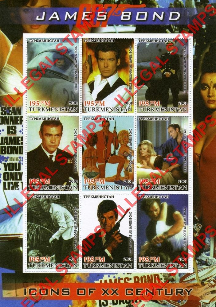 Turkmenistan 2001 Icons of the 20th Century James Bond Illegal Stamp Souvenir Sheet of 9 Turkmenistan 2001 Icons of the 20th Century James Bond Illegal Stamp Souvenir Sheet of 9