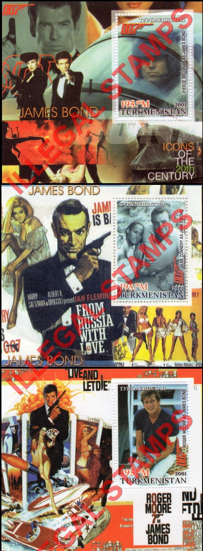 Turkmenistan 2001 Icons of the 20th Century James Bond Illegal Stamp Souvenir Sheets of 1 Turkmenistan 2001 Icons of the 20th Century James Bond Illegal Stamp Souvenir Sheets of 1