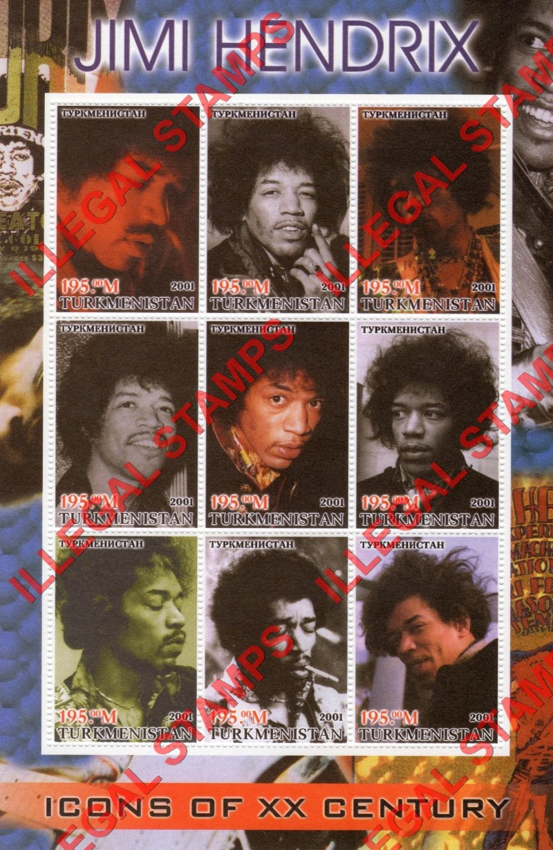 Turkmenistan 2001 Icons of the 20th Century Jimi Hendrix Illegal Stamp Souvenir Sheet of 9 Turkmenistan 2001 Icons of the 20th Century Jimi Hendrix Illegal Stamp Souvenir Sheet of 9
