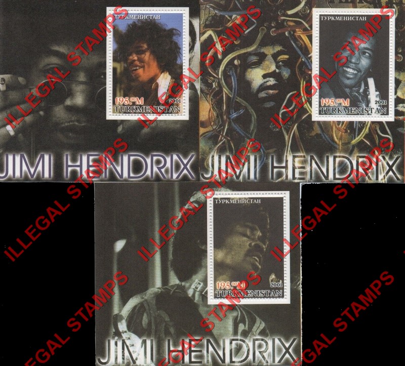 Turkmenistan 2001 Icons of the 20th Century Jimi Hendrix Illegal Stamp Souvenir Sheets of 1 Turkmenistan 2001 Icons of the 20th Century Jimi Hendrix Illegal Stamp Souvenir Sheets of 1