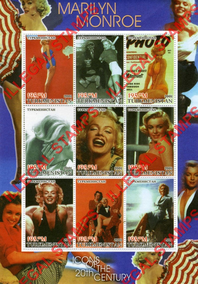Turkmenistan 2001 Icons of the 20th Century Marilyn Monroe Illegal Stamp Souvenir Sheet of 9 Turkmenistan 2001 Icons of the 20th Century Marilyn Monroe Illegal Stamp Souvenir Sheet of 9