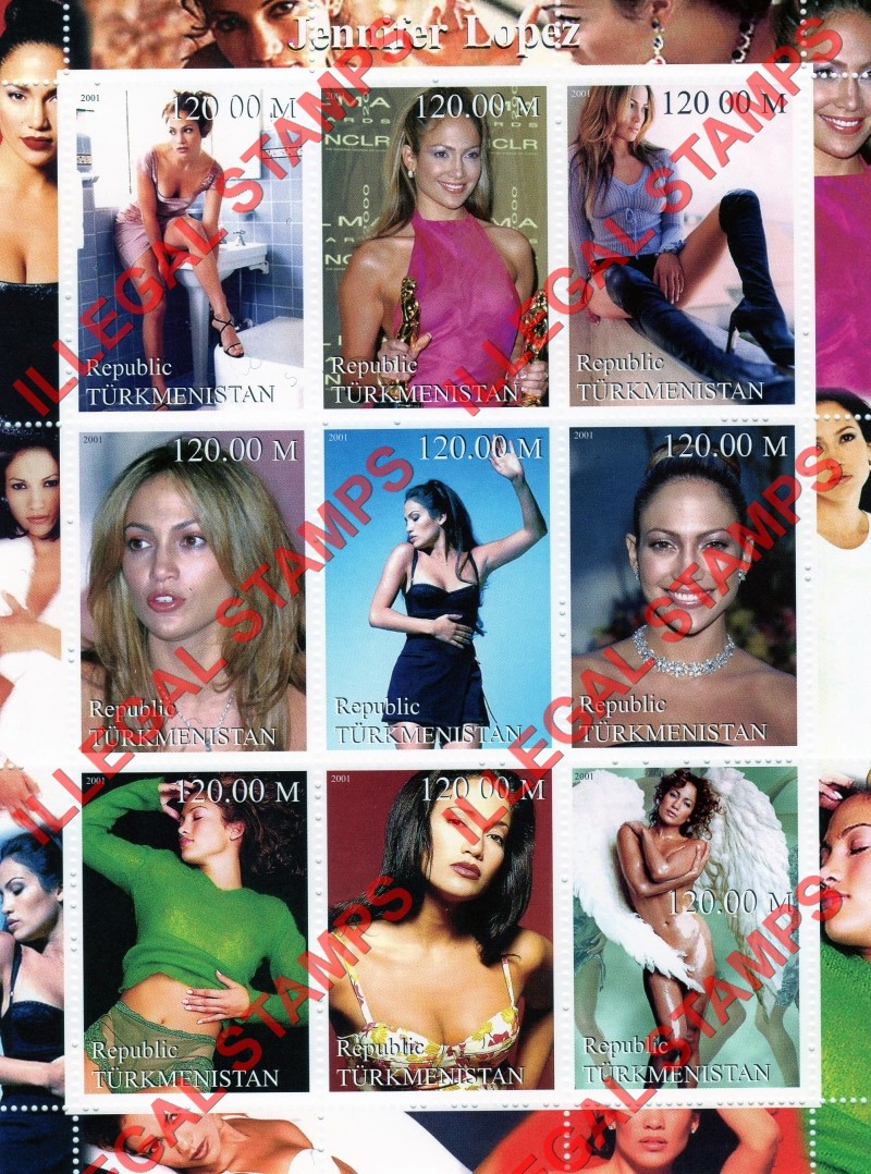 Turkmenistan 2001 Jennifer Lopez Illegal Stamp Souvenir Sheet of 9 Turkmenistan 2001 Jennifer Lopez Illegal Stamp Souvenir Sheet of 9