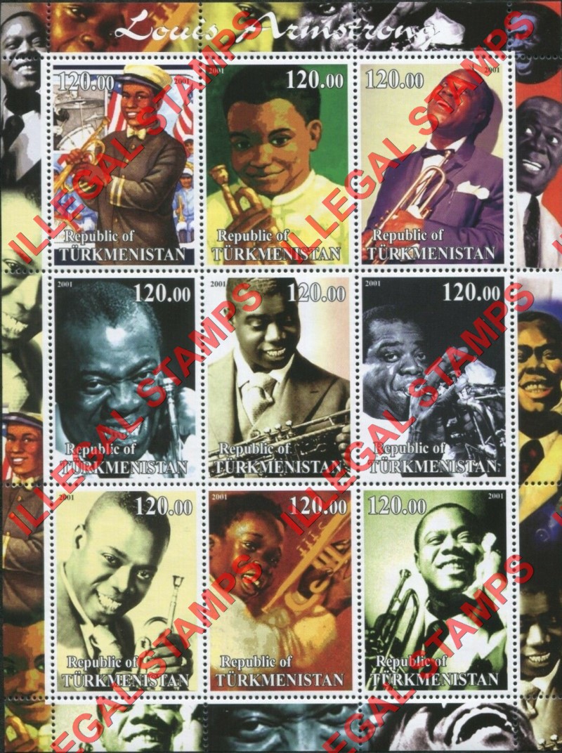 Turkmenistan 2001 Louis Armstrong Illegal Stamp Souvenir Sheet of 9 Turkmenistan 2001 Louis Armstrong Illegal Stamp Souvenir Sheet of 9