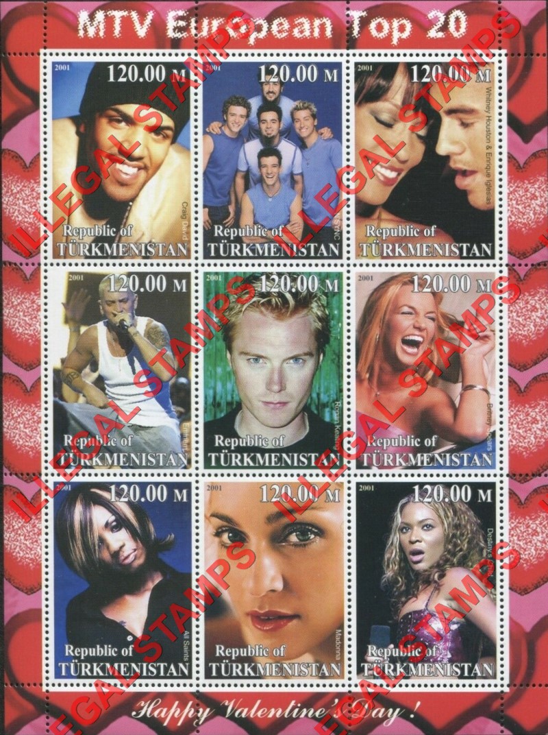 Turkmenistan 2001 MTV European Top 20 Illegal Stamp Souvenir Sheet of 9 Turkmenistan 2001 MTV European Top 20 Illegal Stamp Souvenir Sheet of 9