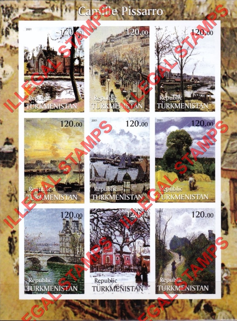 Turkmenistan 2001 Paintings by Camille Pissarro Illegal Stamp Souvenir Sheet of 9 Turkmenistan 2001 Paintings by Camille Pissarro Illegal Stamp Souvenir Sheet of 9