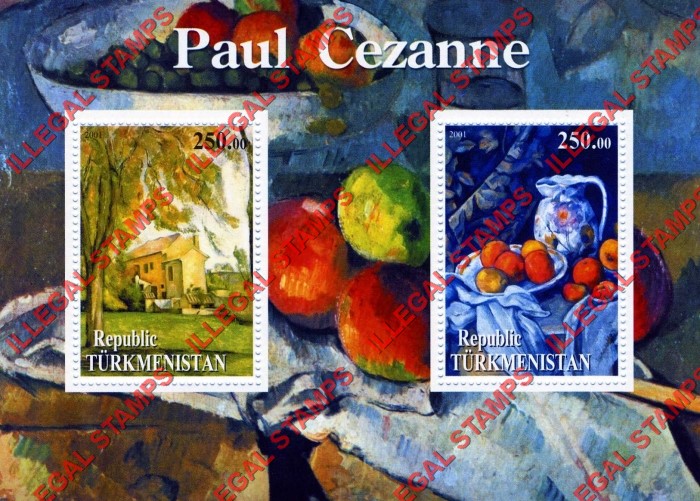 Turkmenistan 2001 Paintings by Paul Cezanne Illegal Stamp Souvenir Sheet of 2 Turkmenistan 2001 Paintings by Paul Cezanne Illegal Stamp Souvenir Sheet of 2