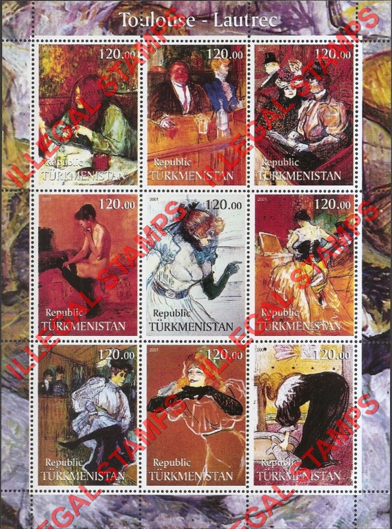 Turkmenistan 2001 Paintings by Toulouse Lautrec Illegal Stamp Souvenir Sheet of 9 Turkmenistan 2001 Paintings by Toulouse Lautrec Illegal Stamp Souvenir Sheet of 9