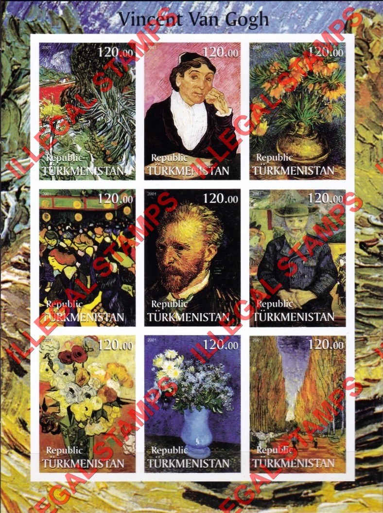 Turkmenistan 2001 Paintings by Vincent Van Gogh Illegal Stamp Souvenir Sheet of 9 Turkmenistan 2001 Paintings by Vincent Van Gogh Illegal Stamp Souvenir Sheet of 9
