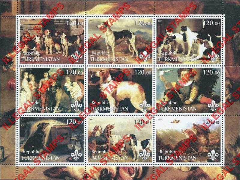 Turkmenistan 2001 Paintings of Dogs Illegal Stamp Souvenir Sheet of 9 Turkmenistan 2001 Paintings of Dogs Illegal Stamp Souvenir Sheet of 9