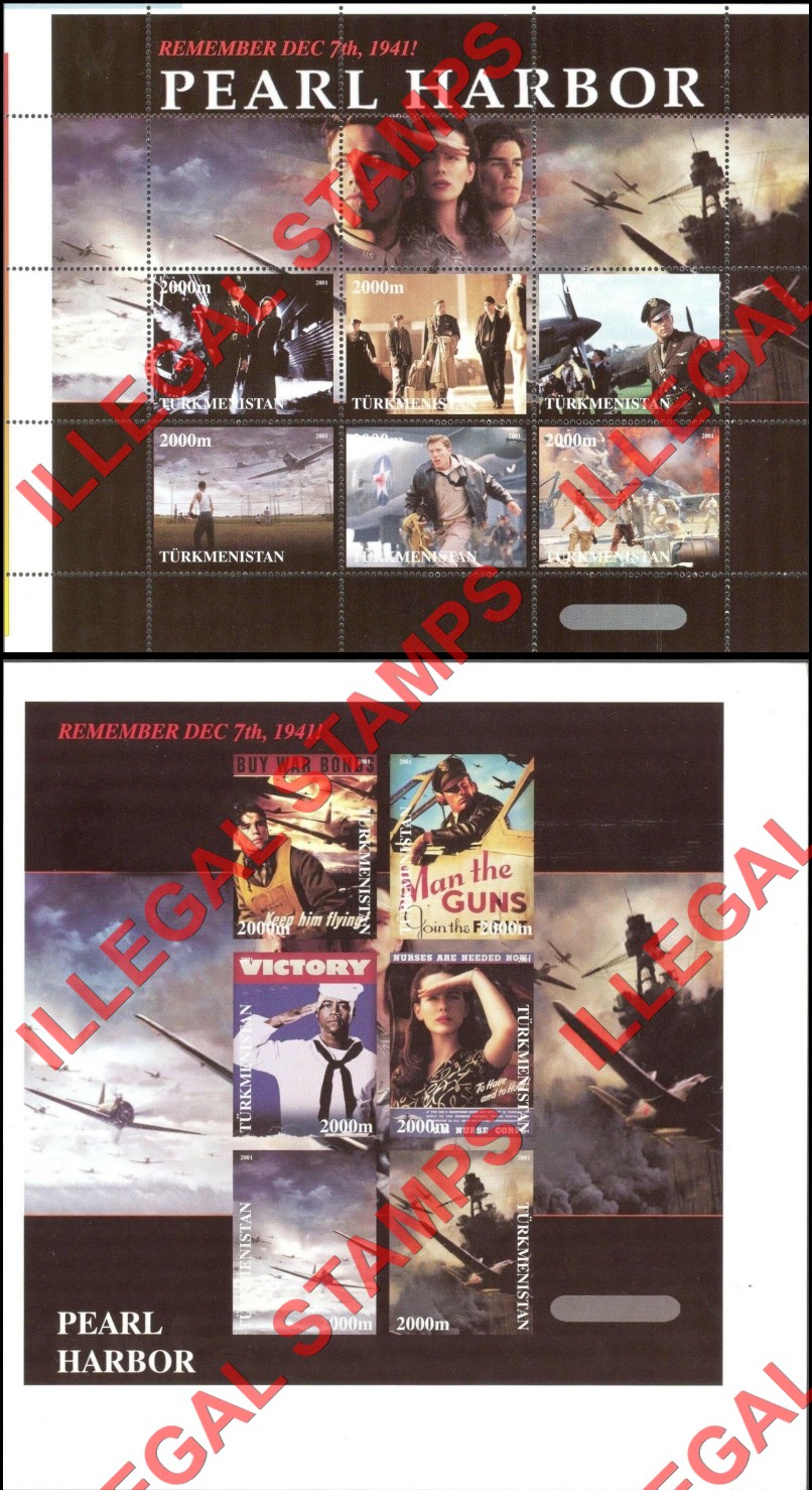 Turkmenistan 2001 Pearl Harbor Movie Illegal Stamp Souvenir Sheets of 6 Turkmenistan 2001 Pearl Harbor Movie Illegal Stamp Souvenir Sheets of 6