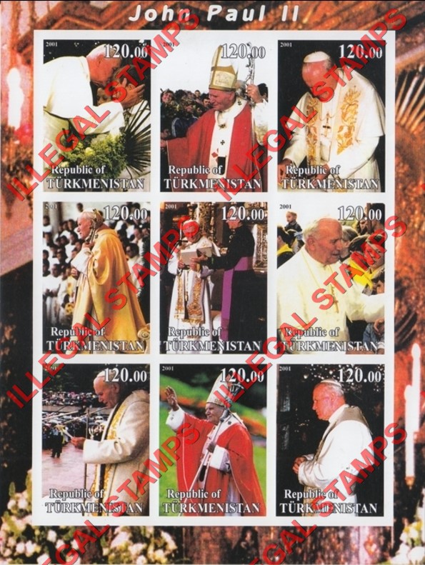 Turkmenistan 2001 Pope John Paul II Illegal Stamp Souvenir Sheet of 9 Turkmenistan 2001 Pope John Paul II Illegal Stamp Souvenir Sheet of 9
