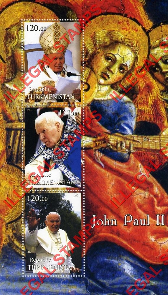 Turkmenistan 2001 Pope John Paul II Illegal Stamp Souvenir Sheet of 3 Turkmenistan 2001 Pope John Paul II Illegal Stamp Souvenir Sheet of 3