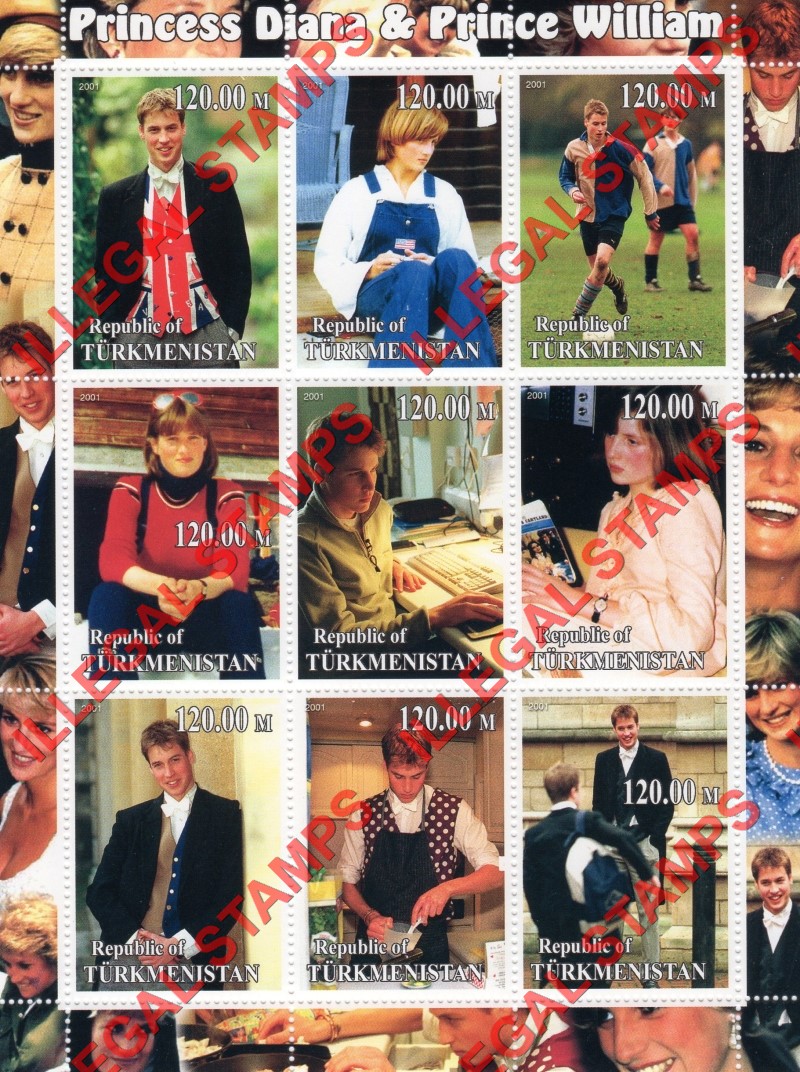 Turkmenistan 2001 Princess Diana and Prince William Illegal Stamp Souvenir Sheet of 9 Turkmenistan 2001 Princess Diana and Prince William Illegal Stamp Souvenir Sheet of 9