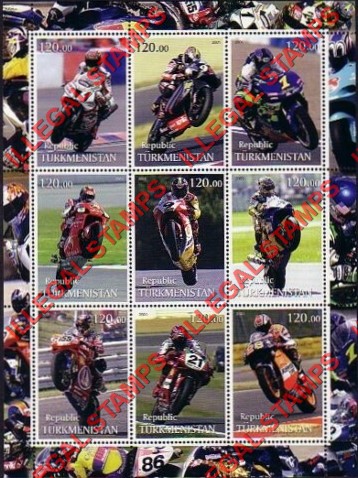 Turkmenistan 2001 Racing Motorcyclists Illegal Stamp Souvenir Sheet of 9 Turkmenistan 2001 Racing Motorcyclists Illegal Stamp Souvenir Sheet of 9