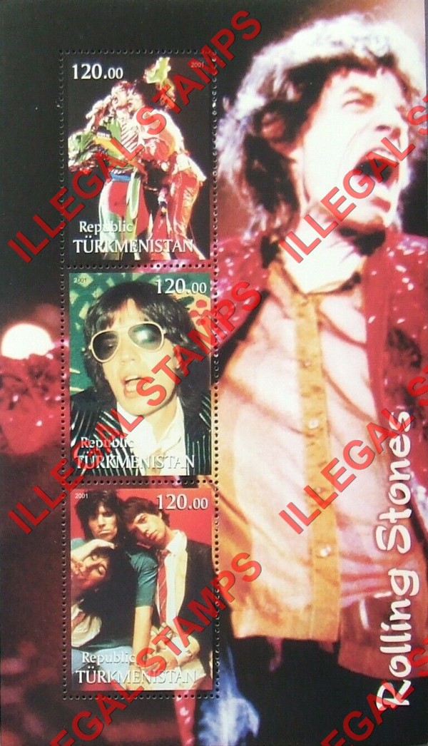 Turkmenistan 2001 Rolling Stones Illegal Stamp Souvenir Sheet of 3 Turkmenistan 2001 Rolling Stones Illegal Stamp Souvenir Sheet of 3