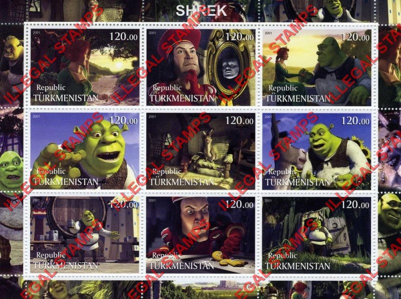 Turkmenistan 2001 Shrek Illegal Stamp Souvenir Sheet of 9 Turkmenistan 2001 Shrek Illegal Stamp Souvenir Sheet of 9